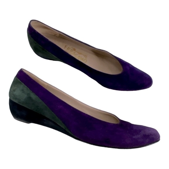 Salvatore Ferragamo Purple Green Black Suede Wedges size 8 AA made in Italy - Picture 10 of 15